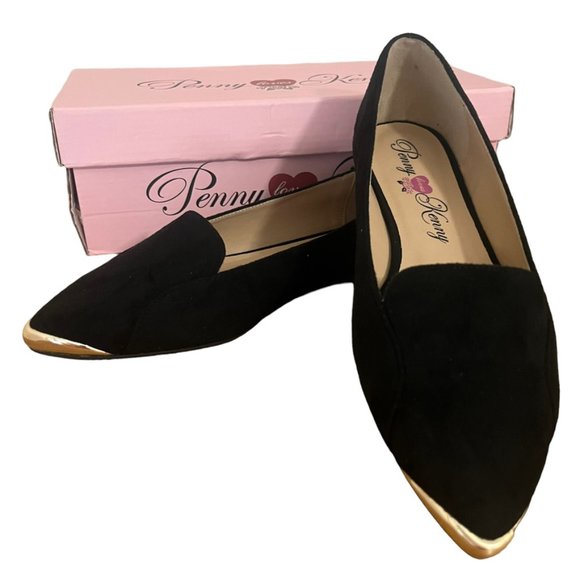 Penny Loves Kenny Nik Black Faux Suede Flats Gold Tipped Toe Sz 7.5 Wide - Picture 2 of 11
